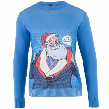Blauwe kersttrui super santa man