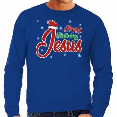 Foute kersttrui happy birthday jesus blauw voor man