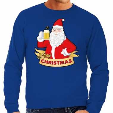 Foute kersttrui kerstman met een peul bier blauw voor man