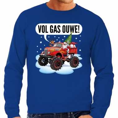 Foute kersttrui monstertruck santa blauw voor man