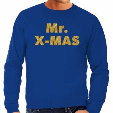 Foute kersttrui mr. x mas gouden glitter letters blauw man