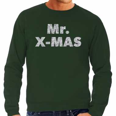 Foute kersttrui mr. x mas zilveren glitter letters groen man