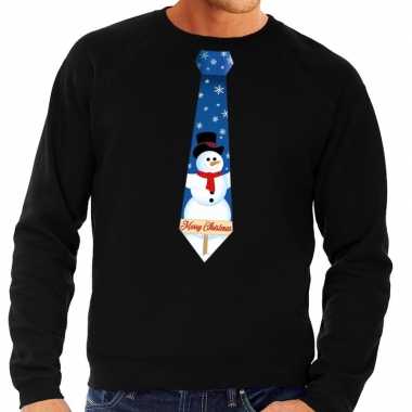 Foute kersttrui stropdas met sneeuwpop print zwart voor man