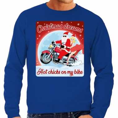 Foute kersttrui voor motorliefhebbers hot chicks blauw man