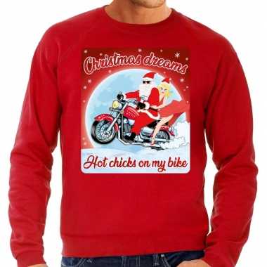 Foute kersttrui voor motorliefhebbers hot chicks rood man