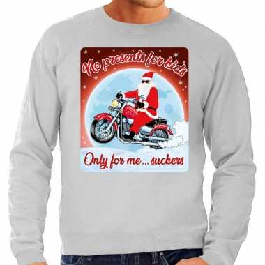 Foute kersttrui voor motorliefhebbers no presents grijs man