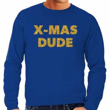Foute kersttrui x mas dude gouden glitter letters blauw man