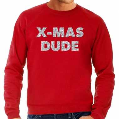 Foute kersttrui x mas dude zilveren glitter letters rood man