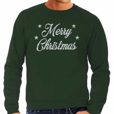 Kersttrui merry christmas zilveren glitter letters groen man