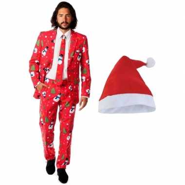 Man opposuits kerst kostuum rood met kerstmuts maat 56 (3xl)