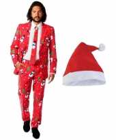 Man opposuits kerst kostuum rood met kerstmuts maat 50 l